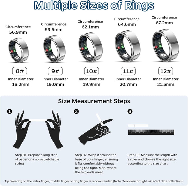 Smart Ring Health Tracker, Sleep Tracker Ring with Heart Rate, Waterproof Fitness Ring for Activity Monitoring/Steps/Distance/Calories, Air Gestures, up to 7-Day Battery, for Ios Android (Silver,#8)