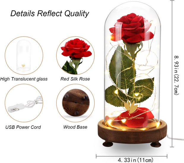 Birthday Gifts for Women,Beauty and the Beast Rose in Glass Dome,Silk Rose Forever Flowers with Lights,Mom Gift,Romantic Gifts for Her,Anniversary Rose Flower Gifts for Women,Gifts for Girlfriend